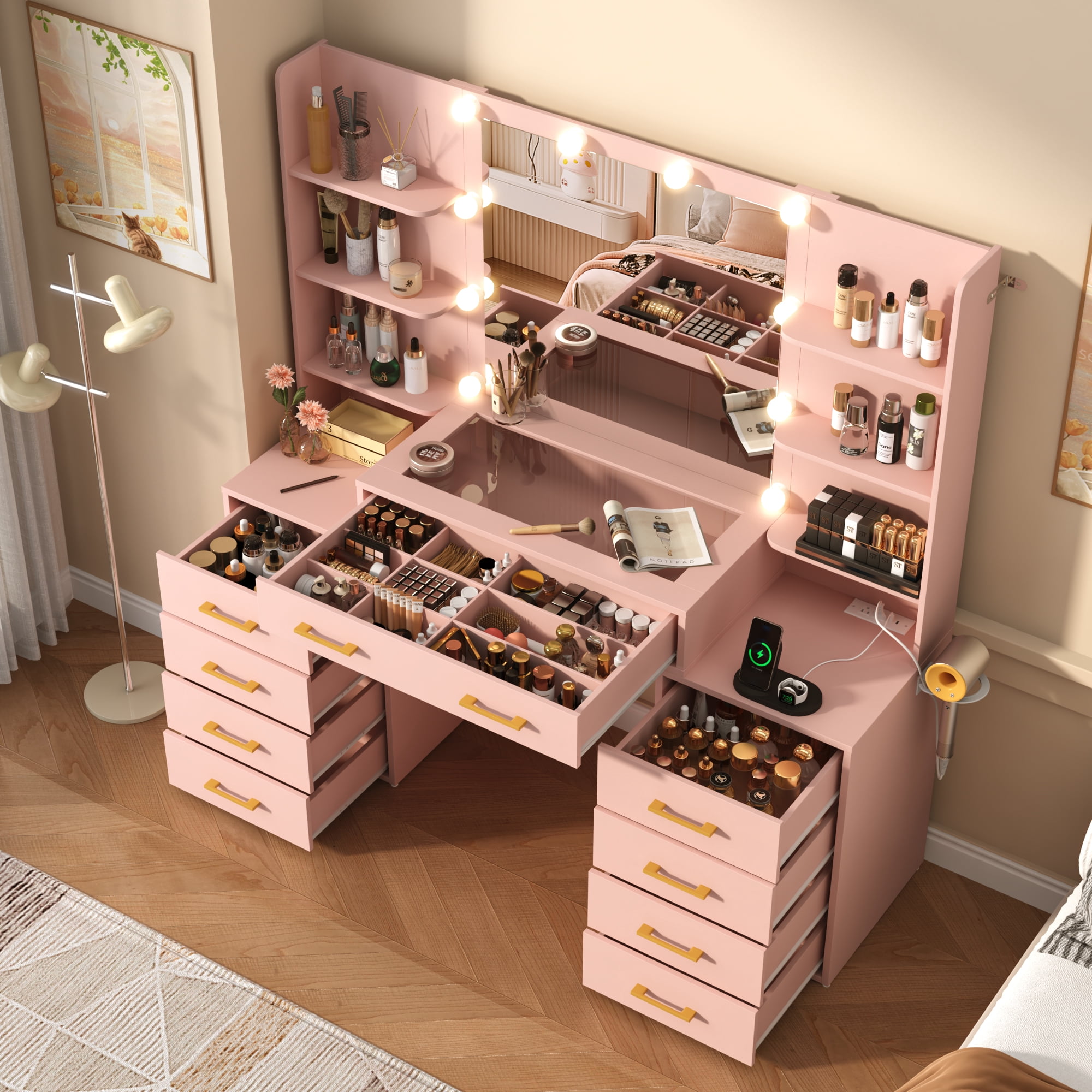 Pink Vanity Desk with Mirror & LED Lights, Glass Top Vanity Desk with Charging Station & Compartment Storage Drawers, 55" Large Makeup Vanity Table with 9 Drawers & 6 Shelves