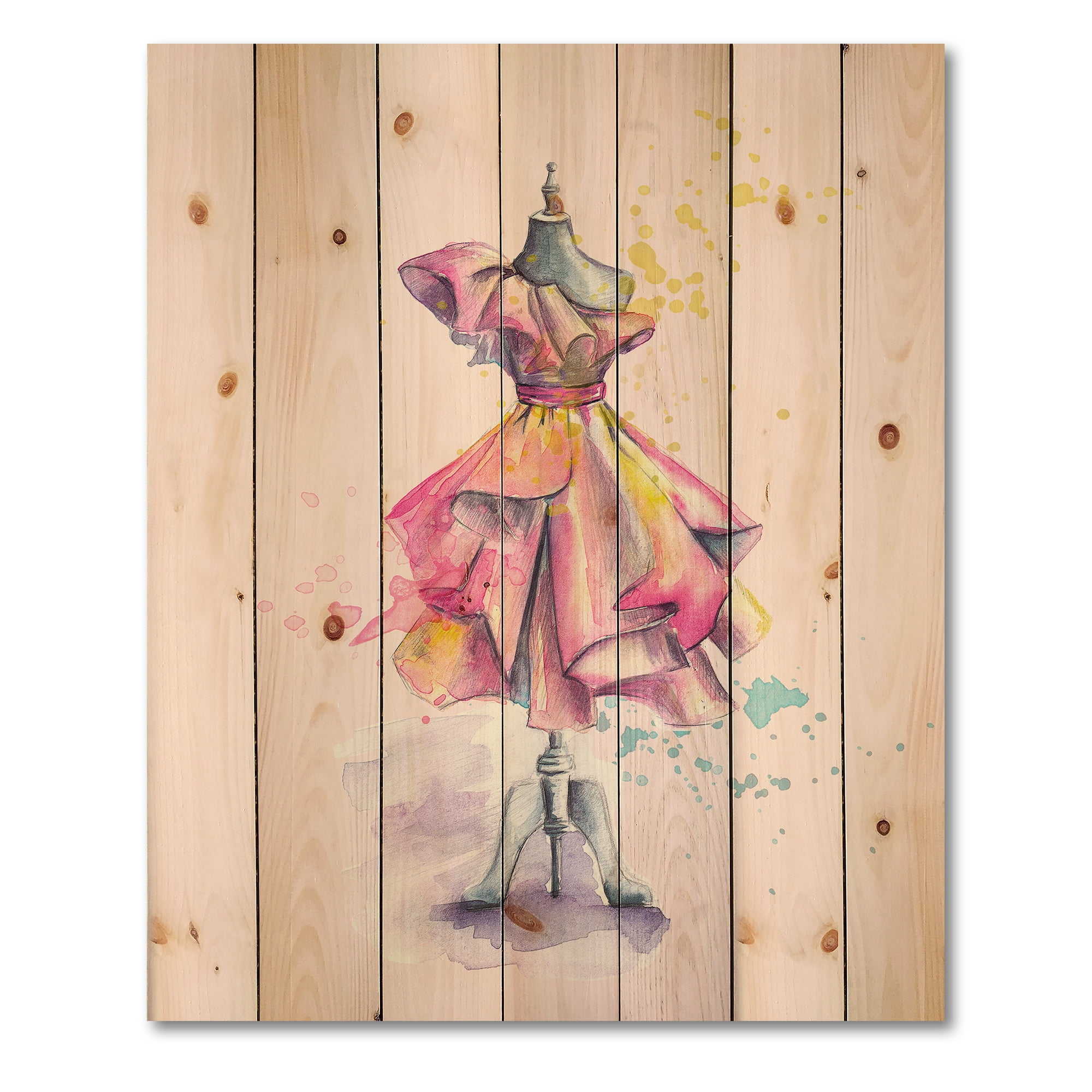Designart 'Beautiful Purple Dress With Folds On Fashion Mannequin' French Country Print on Natural Pine Wood