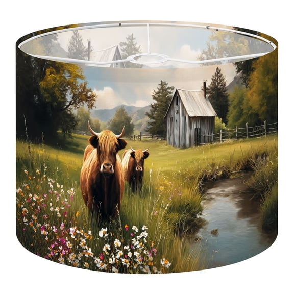 Linen Drum Lampshades Rustic Highland Cow Watercolor Farmhouse Animal Cattle 13"x13"x10" Light Shade for Table Lamps Floor Lamps Drum Lamp Shades Lampshade Replacement Assembly Required