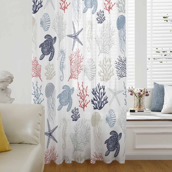 Blue Red Coastal Semi Sheer Curtains Drapes for Living Room,Bedroom,French Doors Window 72 Inches Long,Nautical Summer Beach Coral Sea Turtle Rod Pocket Chiffon Curtain Drapery Voile Draperies Panel