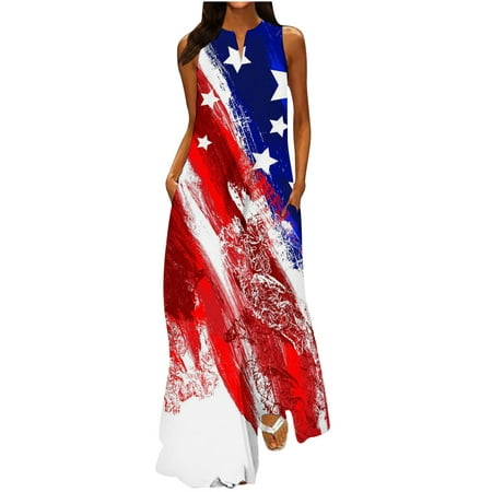 

4th of July Dress for Women Casual V-Neck American Flag Printed Summer Sleeveless Pockets Tunic Flowy Swing Maxi Dress Sundress