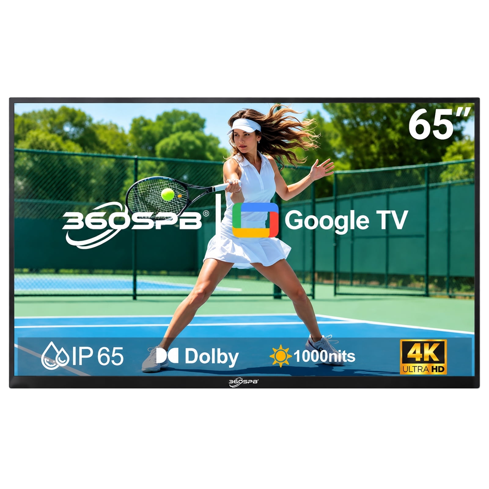 360SPB 65" 4K UHD Outdoor TV with Google TV, 1000 Nits High Brightness, IP65 Waterproof Weatherproof, HDR, Dolby Audio, Voice Remote, for Patio, Backyard & Partial Sun