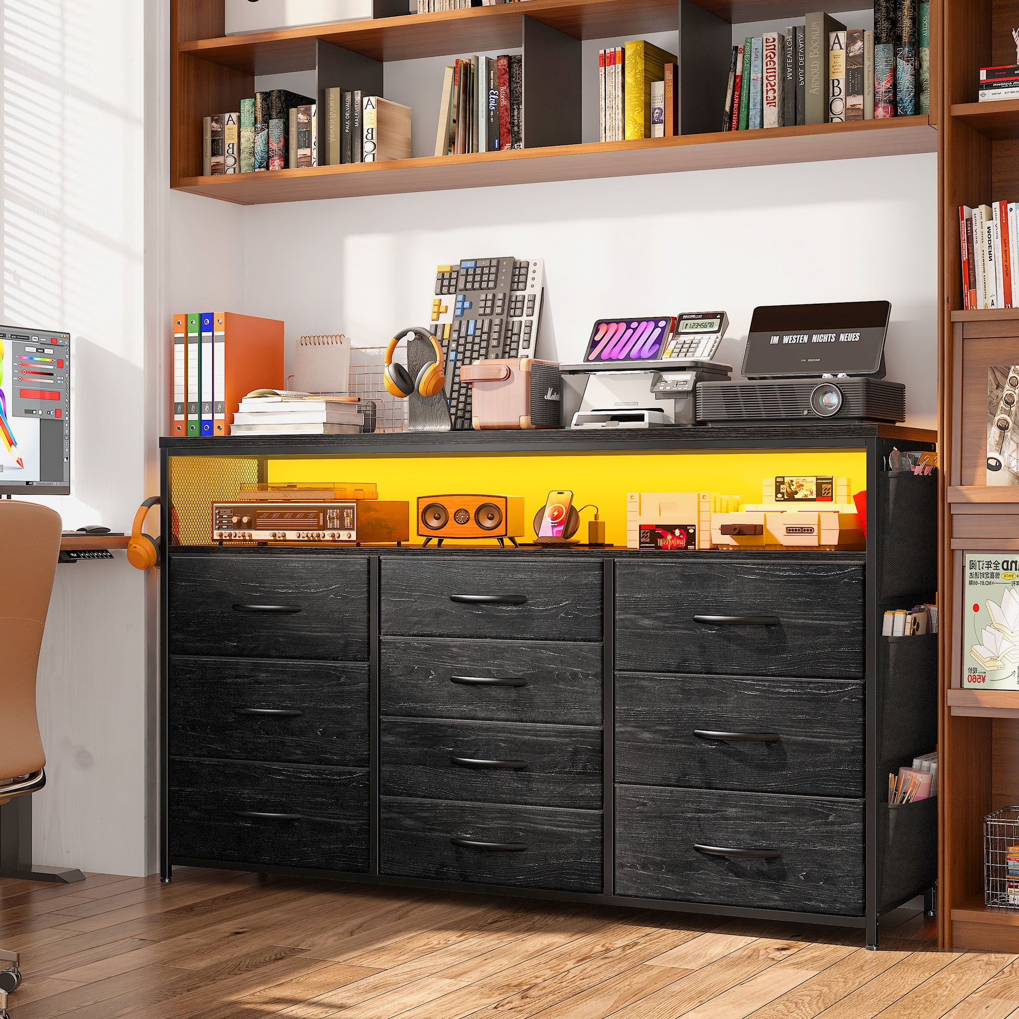 EnHomee Dressers for bedroom TV Stand with Power Outlets &LED Lights Wide Dresser with 10 Drawers&Side Pockets & Hook Fabric Chest of Drawers,Black
