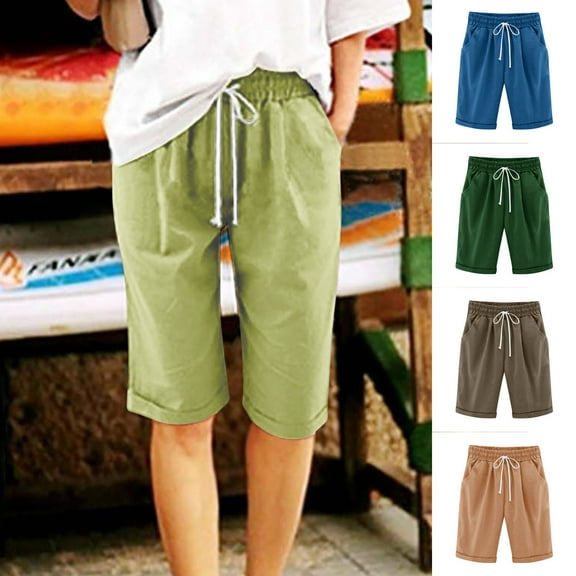 Yteetum Summer Shorts for Women Solid Color Faux Cotton Linen Pocket Shorts Ladies Casual Comfy Drawstring Elastic Waist Loose Fits Bermuda Shorts L