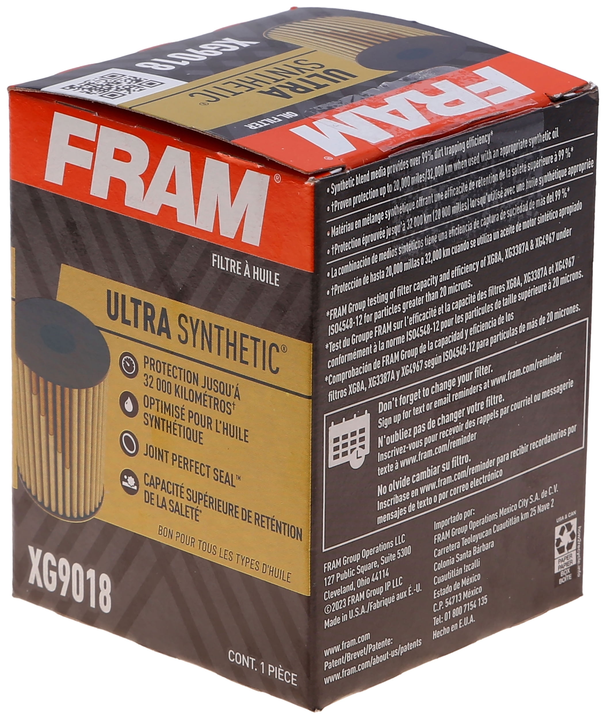 FRAM Ultra Synthetic Oil Filter, XG9018, 20K mile Replacement Filter for Select Vehicles