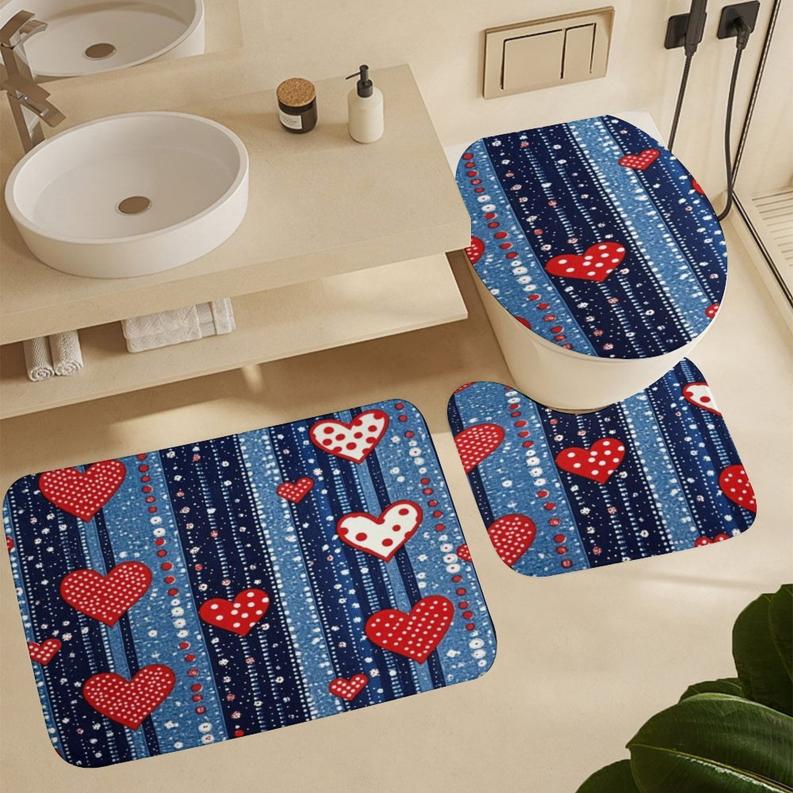 USA Hearts & Stars Shower Curtain Sets 4 Piece with Non-Slip Rugs Toilet Lid Cover And Bath Mat 4th of July Durable And Waterproof for Bathroom Decor