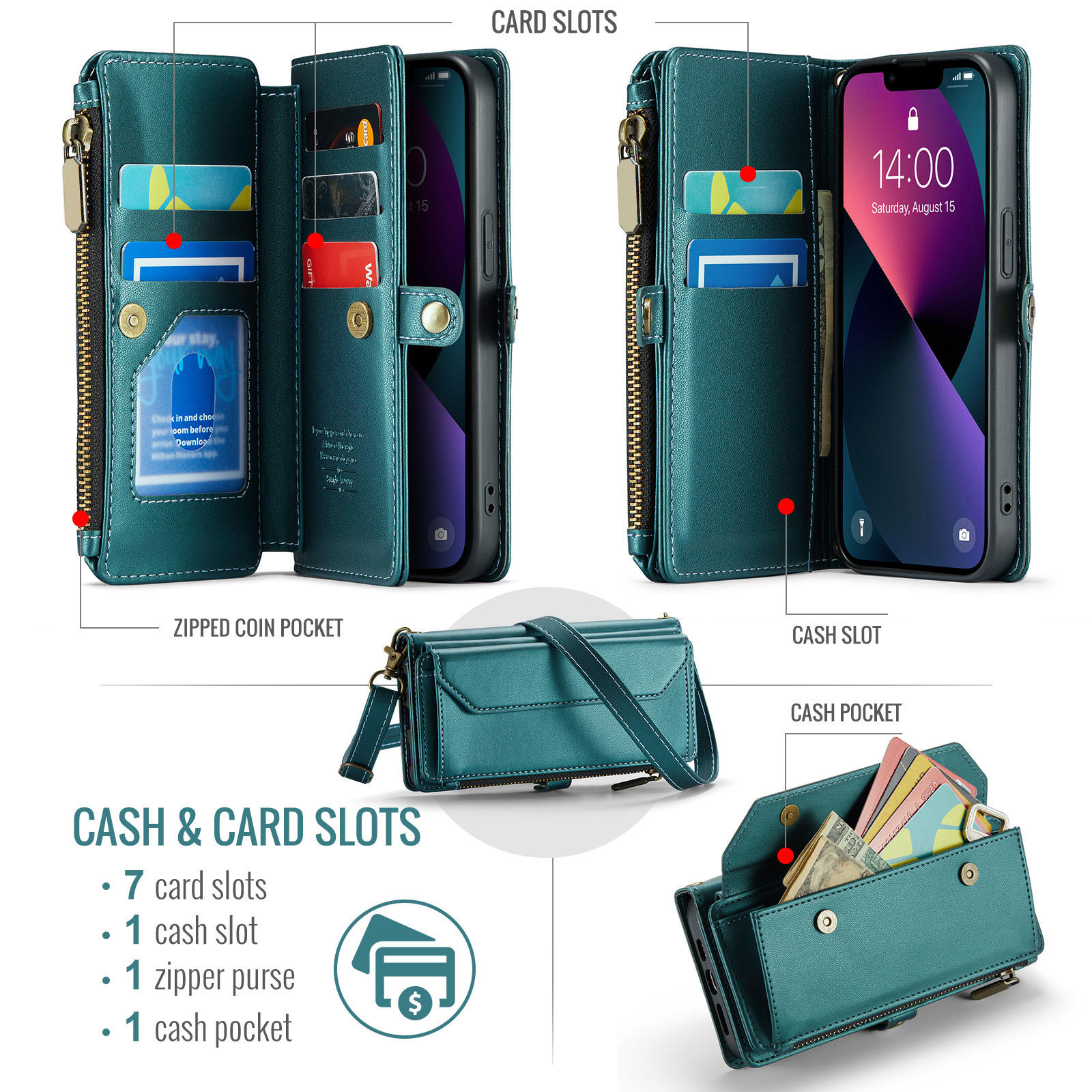 Compatible with iPhone 15 Plus 6.7 inch Zipper Wallet Phone Case Tempered Glass Screen Protector Crossbody Lanyard Strap Flip Card Holder Slot Cell Cover for i Phone15 15+ i15 + 15Plus Women Green