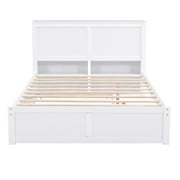 Euroco Full Size Wood Platform Bed with Trundle, Flexible 4-Tier Shelf in Headboard for Kids, White