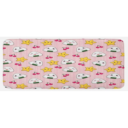 

Anime Kitchen Mat Happy Crying Cartoon Rice Balls Cherries Stars Pattern on Stripes Art Plush Decorative Kitchen Mat with Non Slip Backing 47 X 19 Pink Yellow and White by Ambesonne