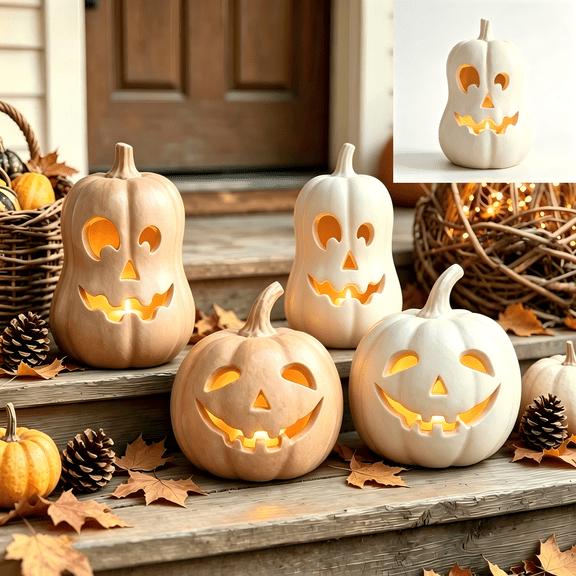 Halloween Decorations Outdoor - Fall Decor - 8.6"H Light beige Handmade Resin Jack O Lantern Pumpkin - Indoor Outside Gothic Festival House Centerpiece Decoration for Table Garden Living Room Mante