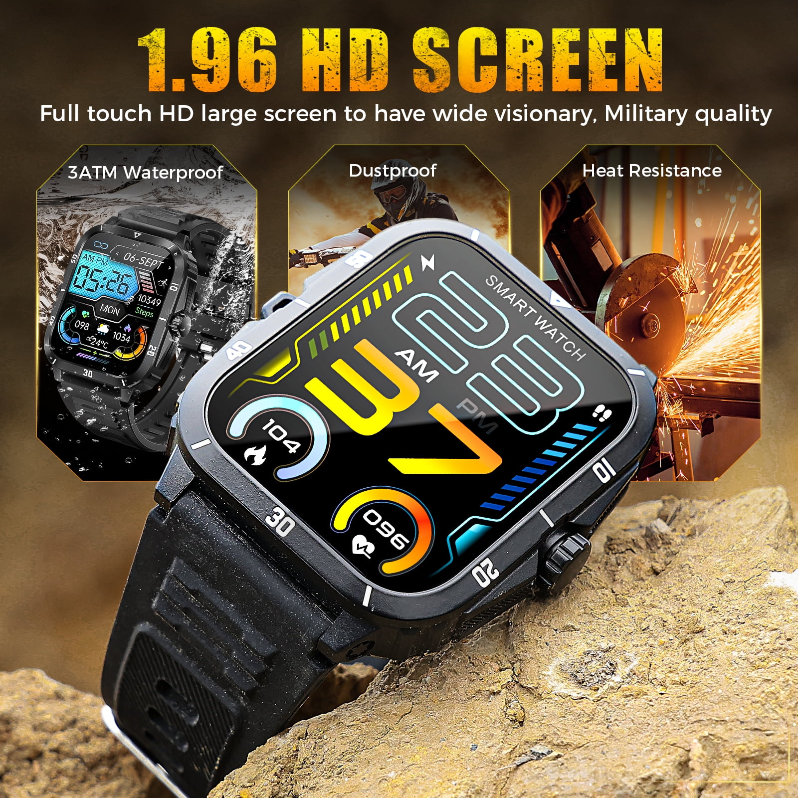 XAXRE Smart Watches for Men (Make/Answer Calls), 3ATM Waterproof Sport Rugged Watch, 1.96" HD Screen 100+ Sports Modes Fitness Tracker, for Android iPhone