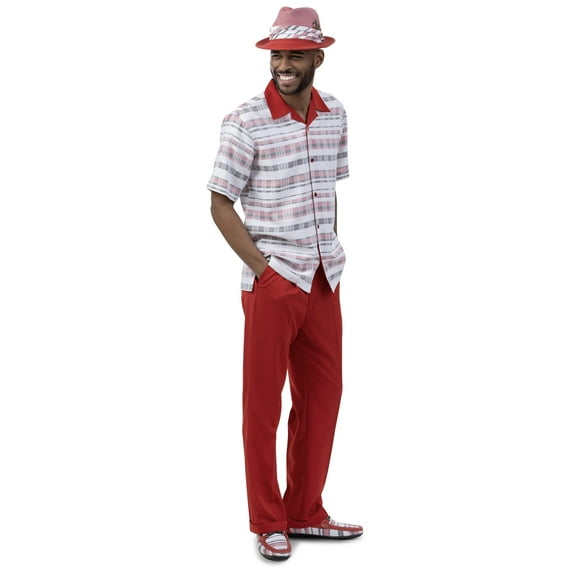 Men's 2 Piece Short Sleeve Walking Suit Contrast Striped Pattern in Red - 2023