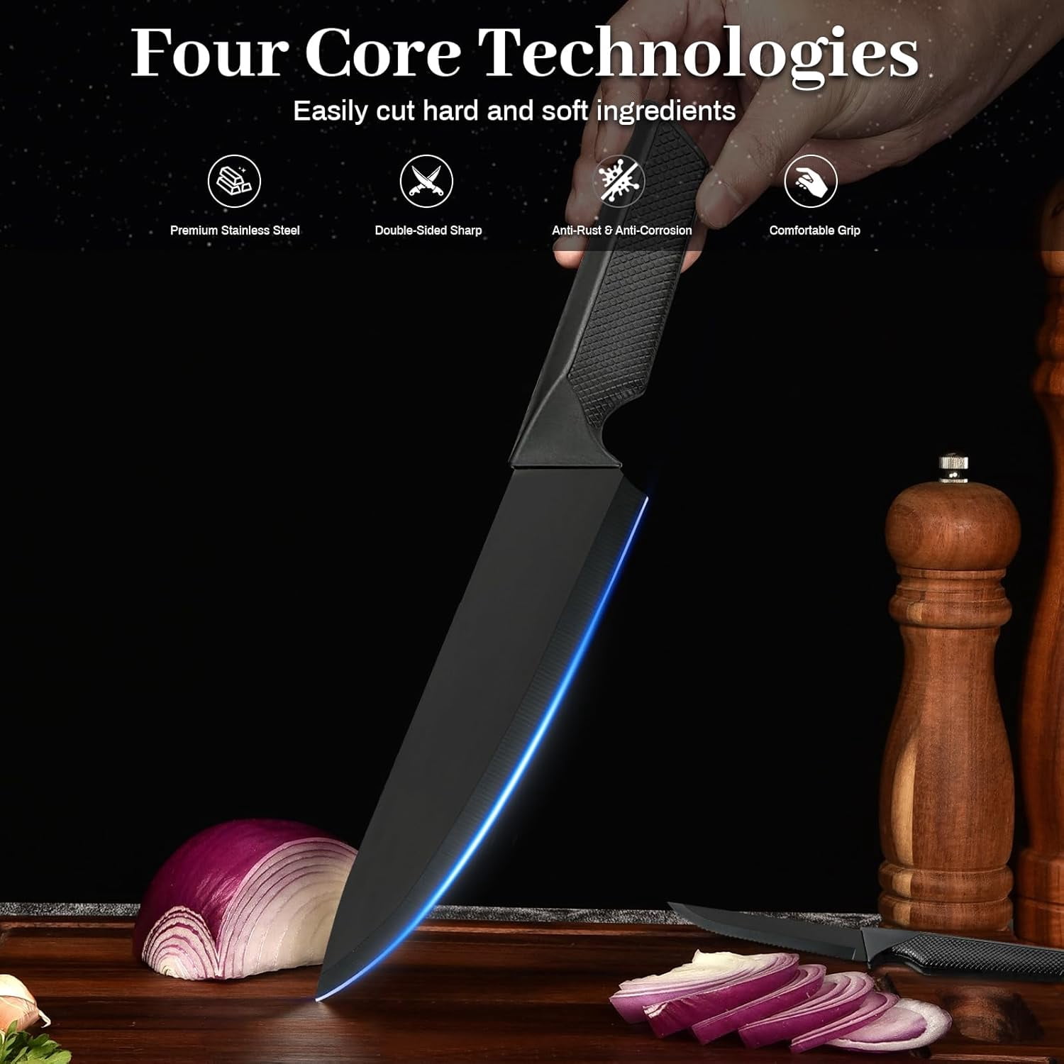 18-Piece Black Kitchen Knife Set with Holder, Professional Chef Knife Set Non-Stick Heat Resistant Silicone Utensils Wooden Handle for Cooking