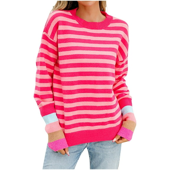 Odeerbi Sweaters for Women Fall Sweaters 2025 Fashion Autumn And Winter Knit Stripe Print Crewneck Pullover Sweater Hot Pink
