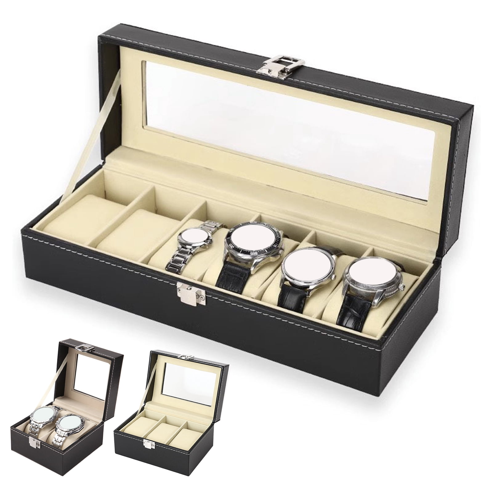 OIUR Watch Storage Box with Transparent Window And Lock Wooden Bracelet Organizer Faux Leather Dustproof Jewelry Storage Case
