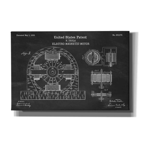 Epic Graffiti "Tesla Electro Magnetic Motor Blueprint Patent Chalkboard" Giclee Canvas Wall Art, 18"x12"