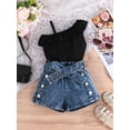 thumbnail image 3 of BemeyourBBs Toddler Baby Girls Summer Outfits Denim 2 Pieces Outfit Baby Girl Summer Clothes Sleeveless One Shoulder Ruffle Tank Vest Tops and Jeans Shorts Set with Belt, 3 of 9
