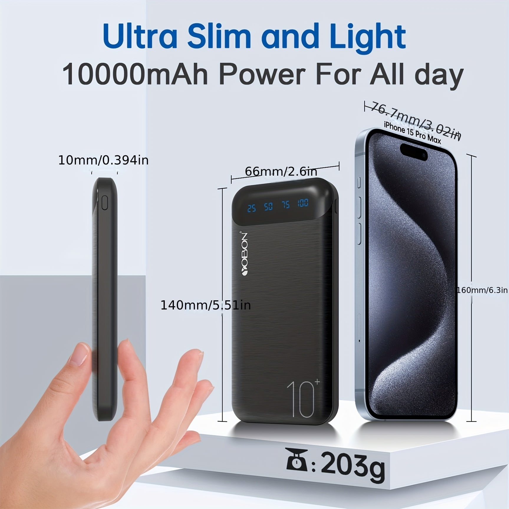 Set of Two Portable Power Banks with a Capacity of 10000Mah, Featuring Slim Design, USB C Input And Output, LED Display, And Lightweight Construction, Suitable for Apple, Android Phones, And More