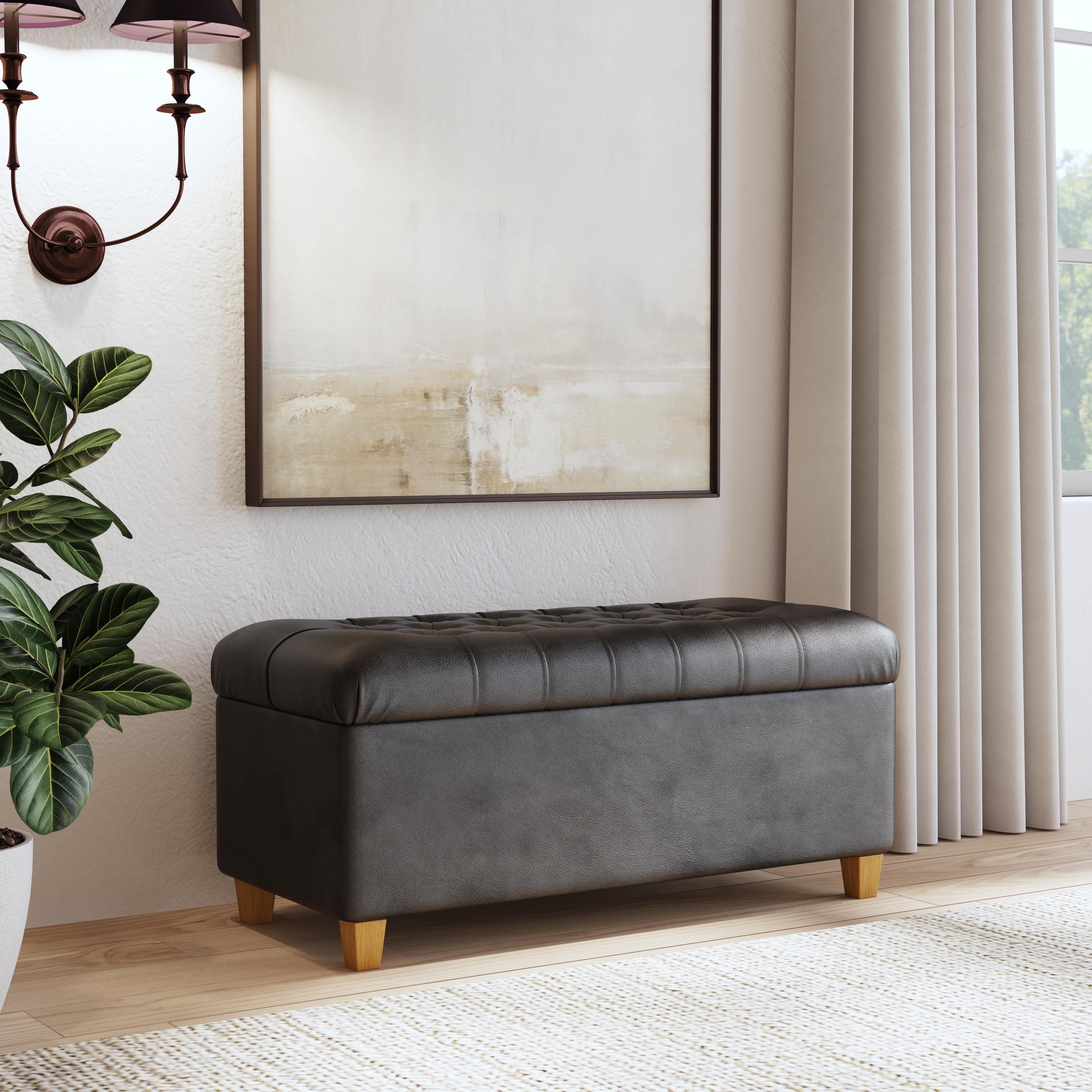 HomePop Ainsley Button Tufted Storage Bench, 40"W x 18"D x 18"H, Black Faux Leather