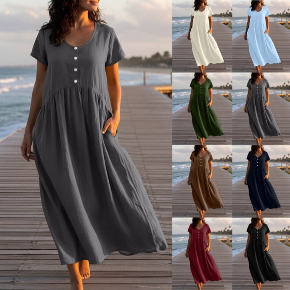yoeyez Summer Maxi Dresses For Women Casual Plus Size Cotton Linen Dress Crew Neck Irregular Loose Long Dress With Pockets Vestidos Elegantes de Mujer