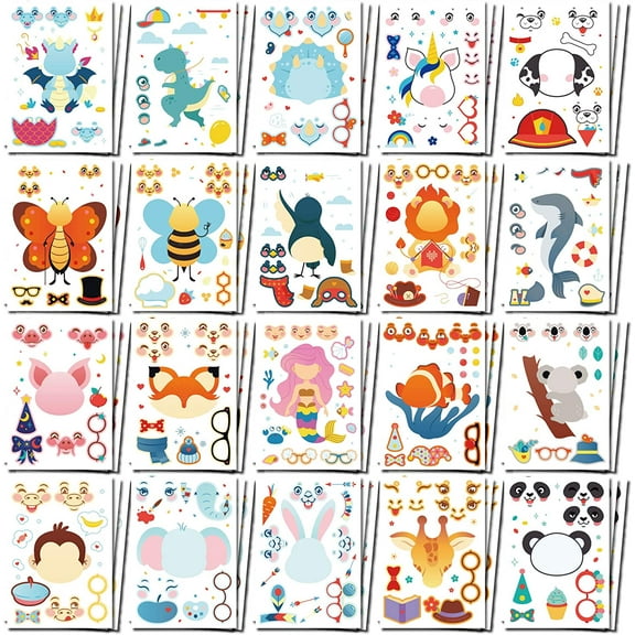 Gooji DIY Make Your Own Stickers for Kids, 60 Sheets Over 1,200 Stickers, 20 Funny Characters and Animals, Customizable Faces with Accessories, Reusable for Party Favors or Arts and Crafts Projects…