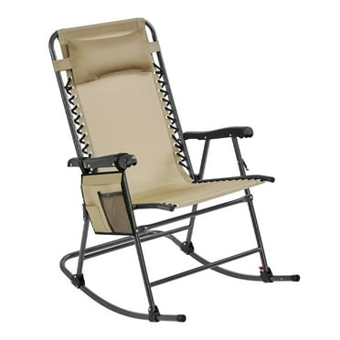 26in Rocking Chair Outdoor Zero Gravity Folding Chairs, Foldable Rocking Chairs Outdoor Reclining Lounge Chair with Cupholder and Pillow for Lawn, Garden, Yard, Beige