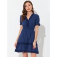 thumbnail image 2 of Mini vestido sólido de manga corta con cuello en V y cintura elástica para mujer Azul Oscuro L, 2 of 5