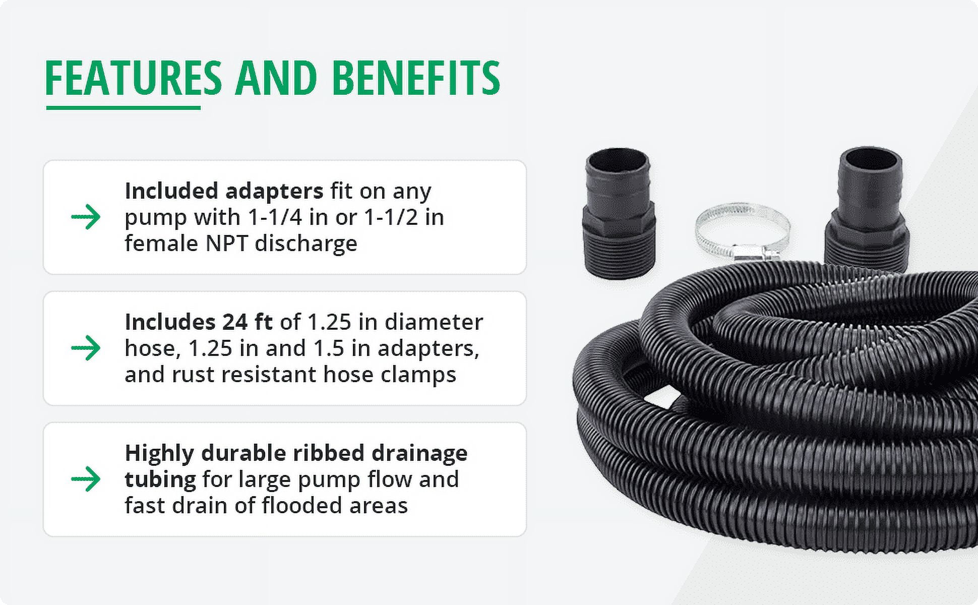 Star Universal Discharge Hose Kit, 1-1/4 Inch Hose with 1-1/2" and 1-1/4" Adapters, 24 feet