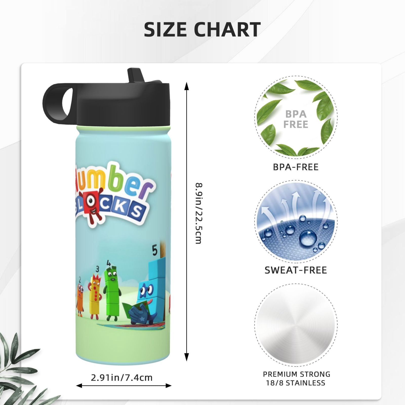 Numberblocks Insulated Water Bottle with Straw Lid, 18 oz Double Wall Vacuum Stainless Steel Kids Cup, Leak Proof Sports Thermos for Travel Fitness Hiking Outdoors