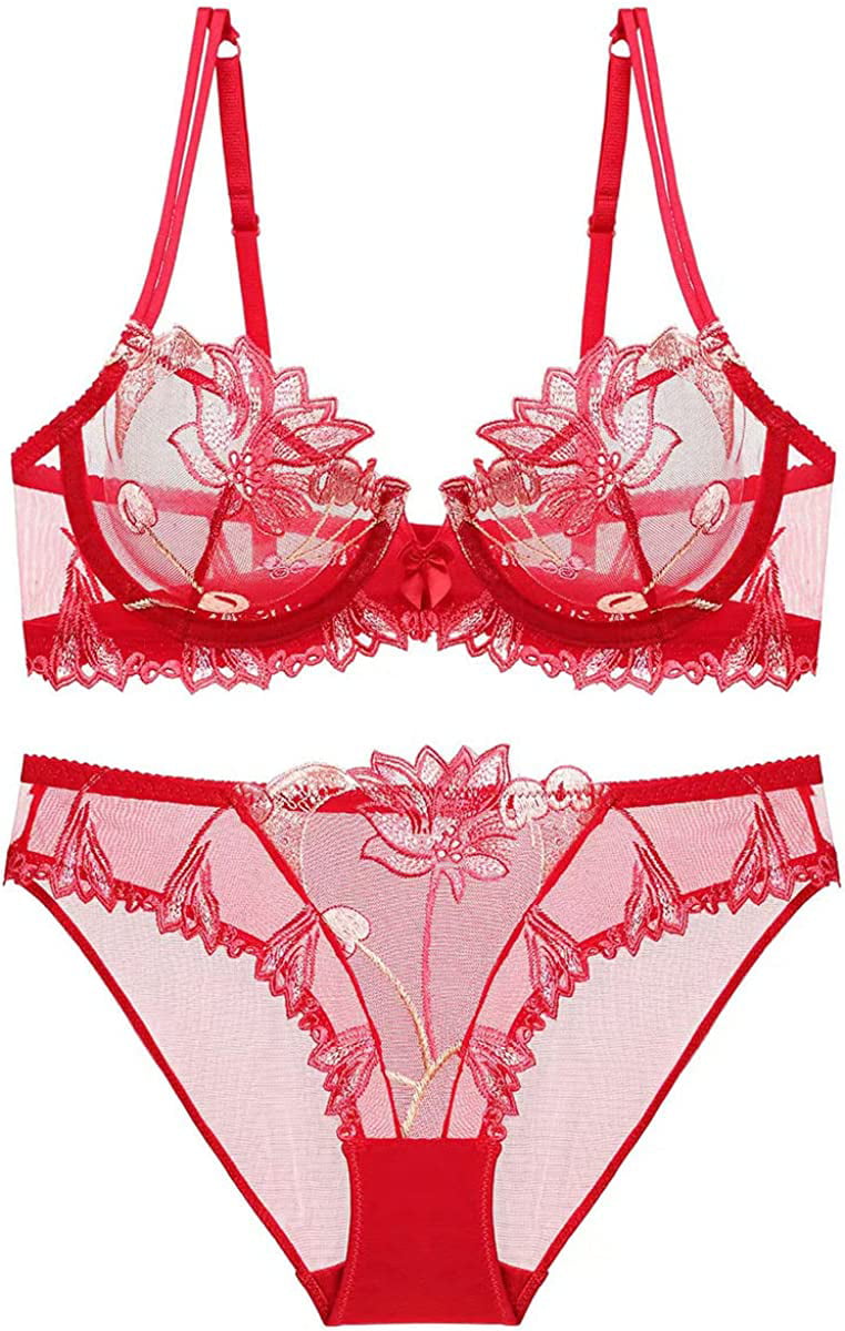 Coral Red Bralette and French Knickers Set ,see Through Lace