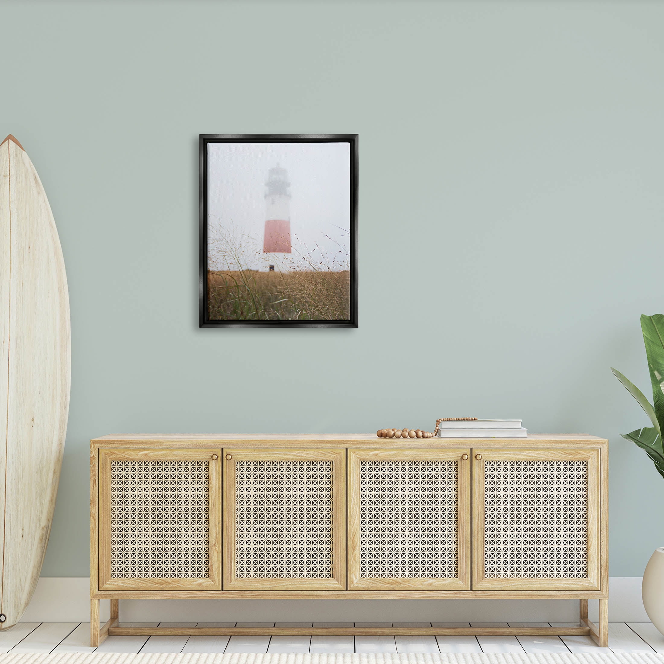 Stupell Industries Distant Lighthouse Foggy Coast Photograph Jet Black Floating Framed Canvas Print Wall Art, Design by Laura Marshall