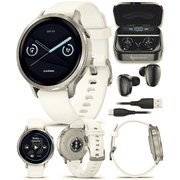 Garmin Venu 4 - 41mm AMOLED Advanced Health & Fitness GPS Smartwatch, Bright & Colorful Display, Flashlight, Up to 10 Days, Lunar Gold w/Bone Silicone Band w/Wearable4U Black EarBuds Bundle