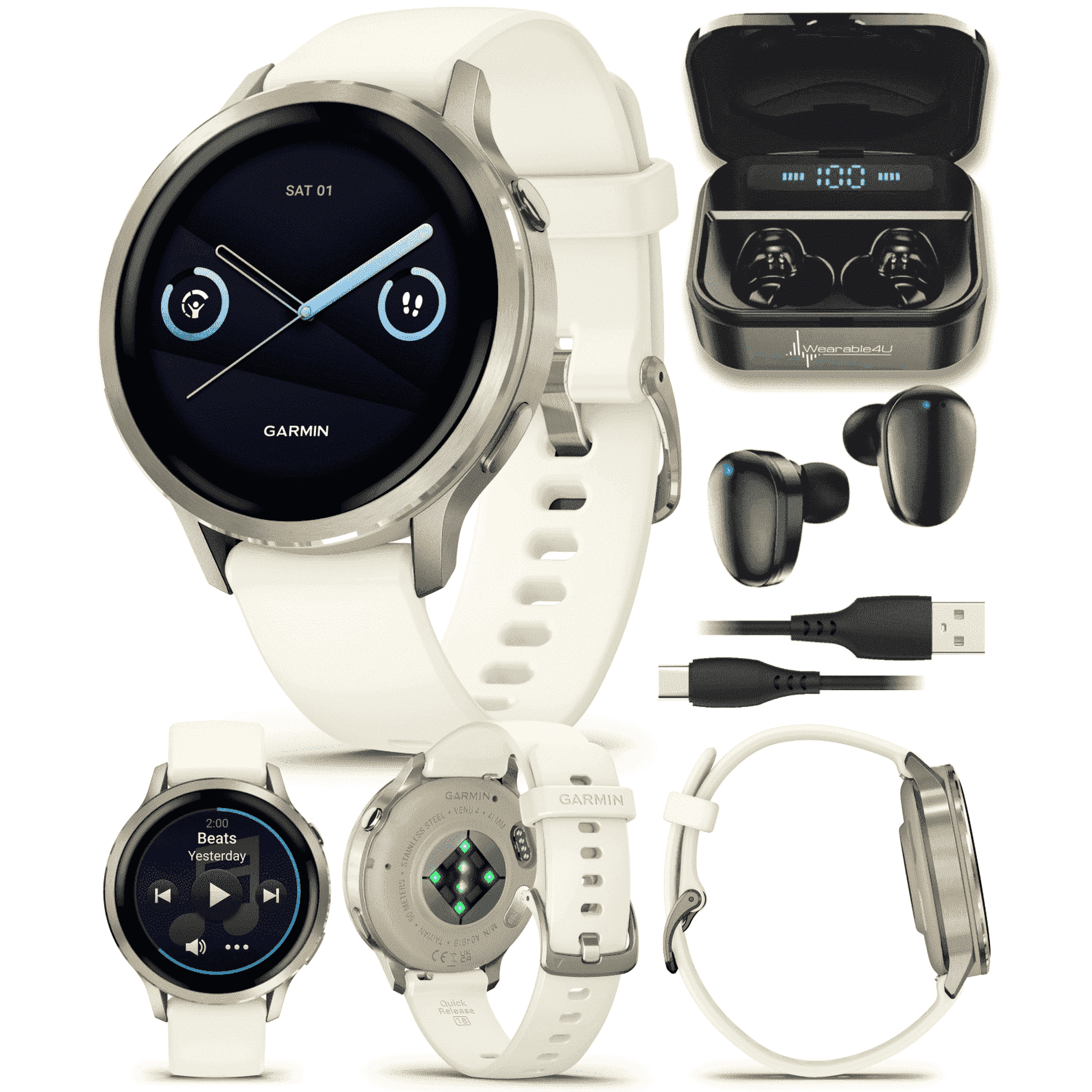 Garmin Venu 4 - 41mm AMOLED Advanced Health & Fitness GPS Smartwatch, Bright & Colorful Display, Flashlight, Up to 10 Days, Lunar Gold w/Bone Silicone Band w/Wearable4U Black EarBuds Bundle