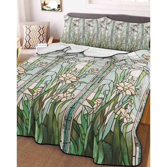 Dark Green Grass Queen Size Down Alternative Comforter, Lightweight Comforter Quilt Bedding Set with Pillow Shams Flower Dragonfly Retro Pastoral Rustic All Seasons Bed Comforter Duvet Insert 90"x96"