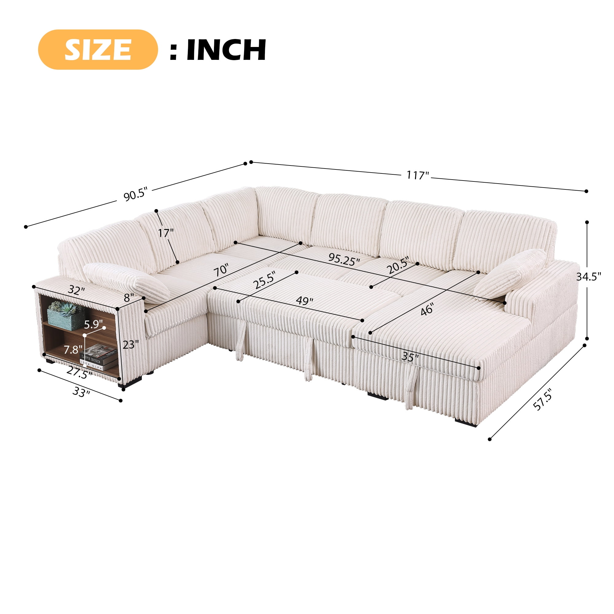 Gewnee 117 inch Sectional Sofa with Pull Out Bed,U-Shaped Modular Sectional with Storage,Cloud Couch for Living Room,Family Room & Apartment,Beige