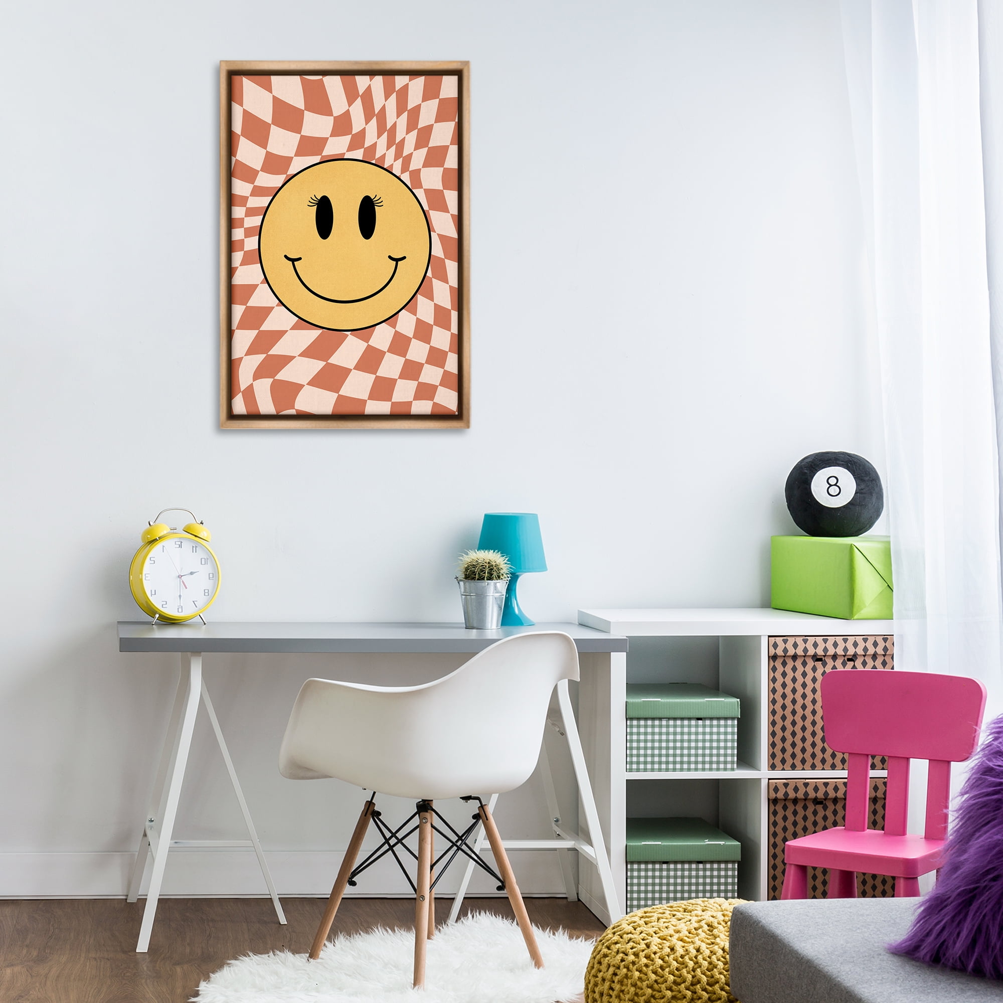 Stupell Industries Wavy Checkered Smiley Novelty Painting Brown Floater Framed Art Print Wall Art, 21 x 31