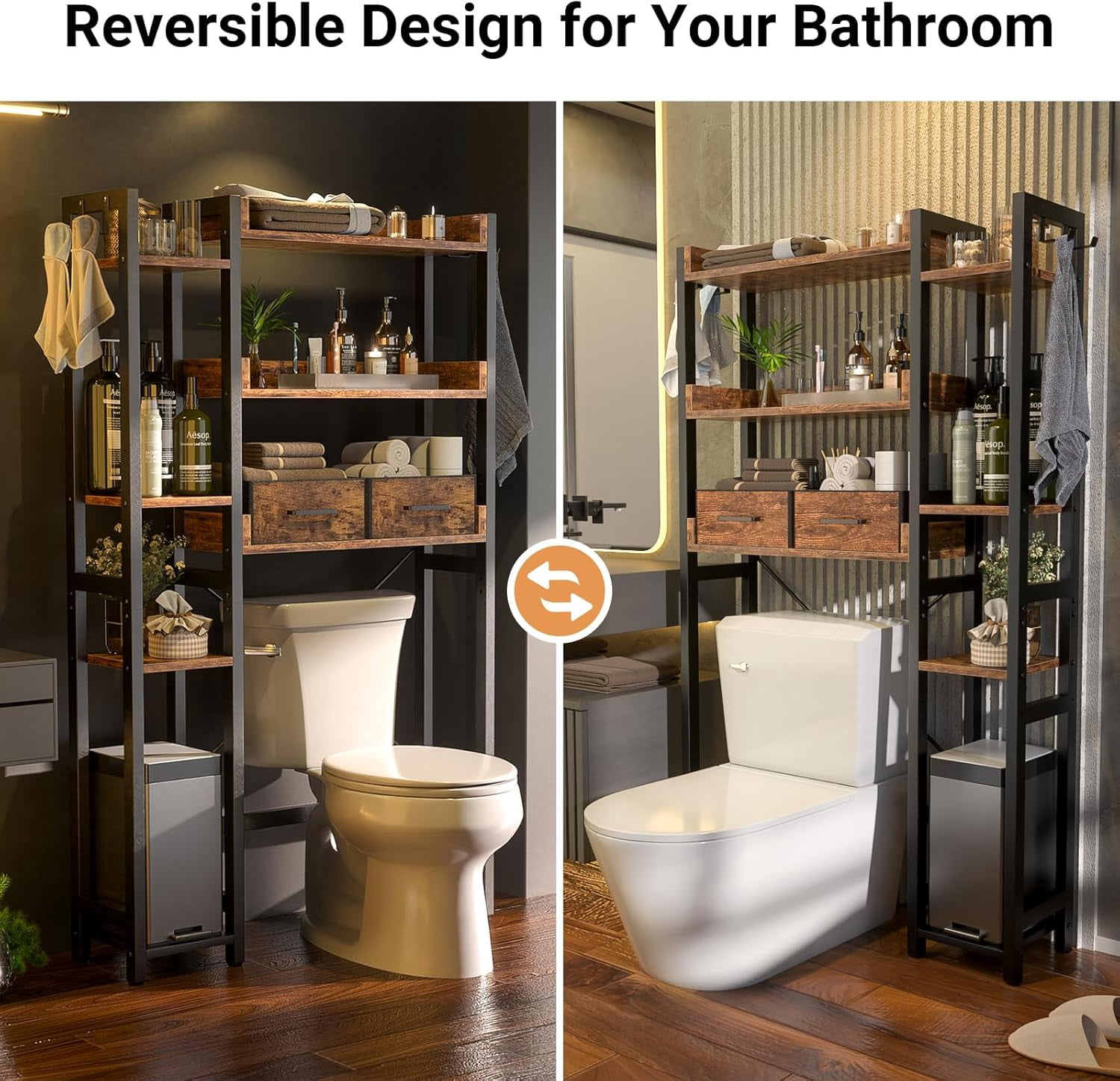 Over the Toilet Storage Upgraded version with 2 Drawers 7 Tier Bathroom Organizer with Adjustable Shelf Freestanding Space Saver above Toilet Stand with 4 Hooks Metal Bathroom Organizer, Rustic Brown