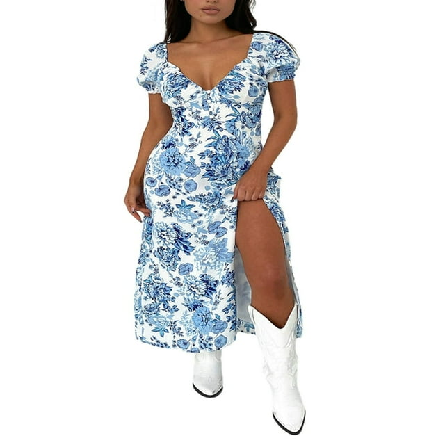 Robe Florale Mi-Longue Mi-Longue à Manches Courtes et Col Rond pour Femme Été