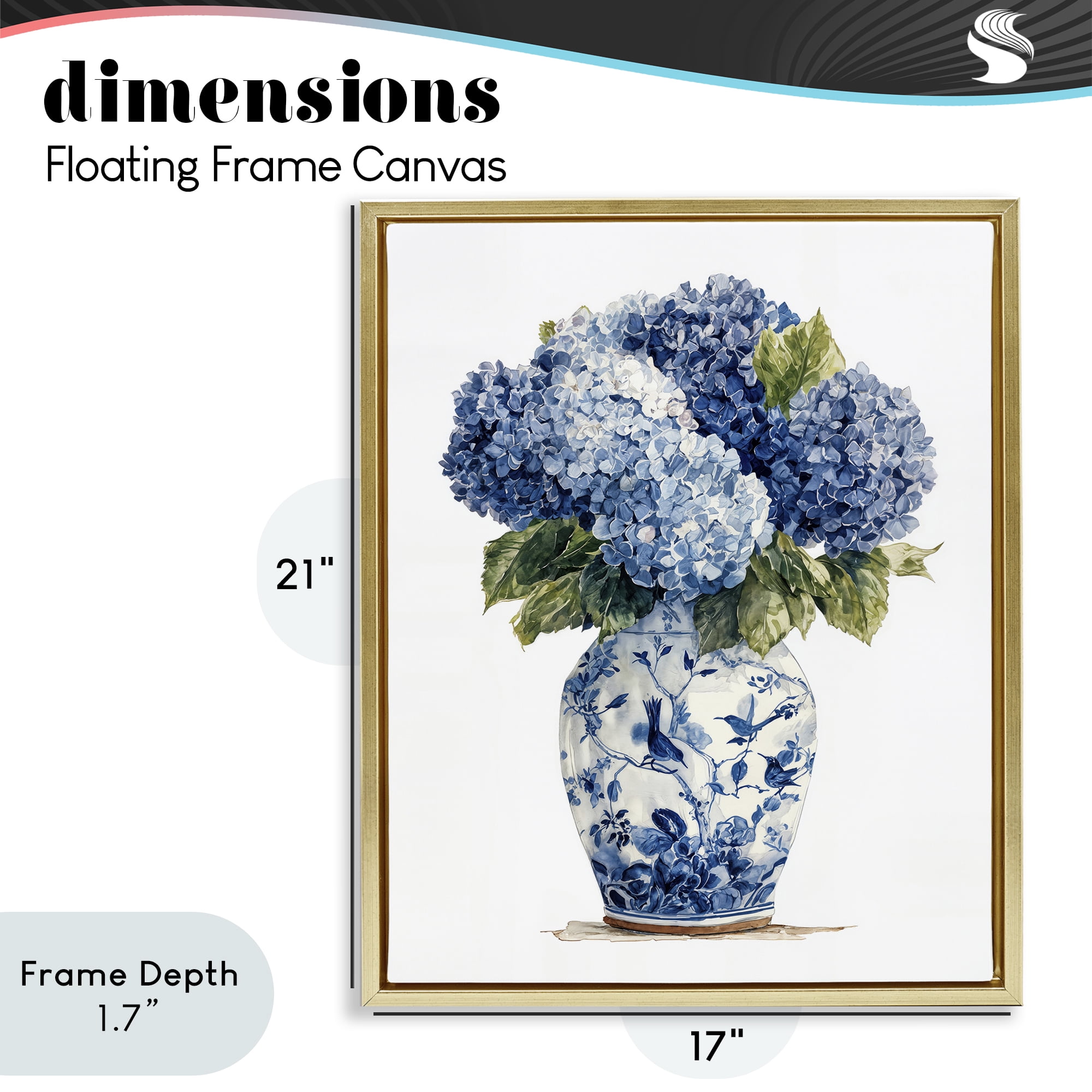 Stupell Industries Blue Hydrangeas in Porcelain Gold Framed Floater Canvas Wall Art, design by Imagine It Images