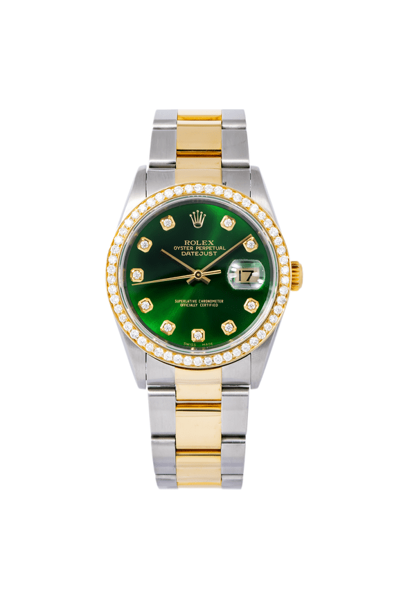 Pre-Owned Rolex Datejust 36MM 16203 Green Diamond Dial Diamond Bezel Two Tone Yellow Gold Oyster Bracelet