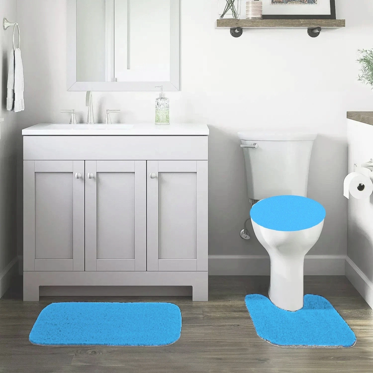 Gorgeous Home Linen Aqua Marine BS#6 Bathroom Mat Rug Chenille Non-Skid Rubber Backing 3pc