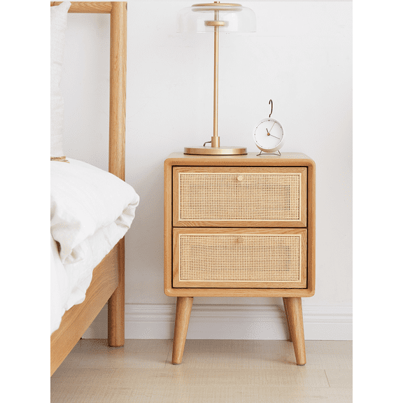 Solid Wood Bedside,Natural Wood Nightstand,Light Wood Nightstand,Oak Nightstand with 2 Rattan Drawers,Solid Wood Furniture Night Stand Cabinet,Nordic Bedroom