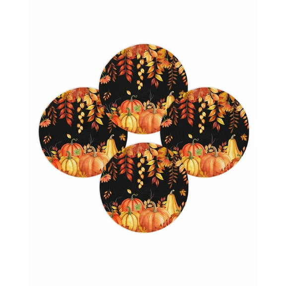 Fall Round Placemats Set of 4 Autumn Harvest Pumpkin Place Mats Thanksgiving Woven Placemat Orange Maple Leaves Black Circle Braided Table Mat for Kitchen Dining Table Party Home Decor 15 Inch