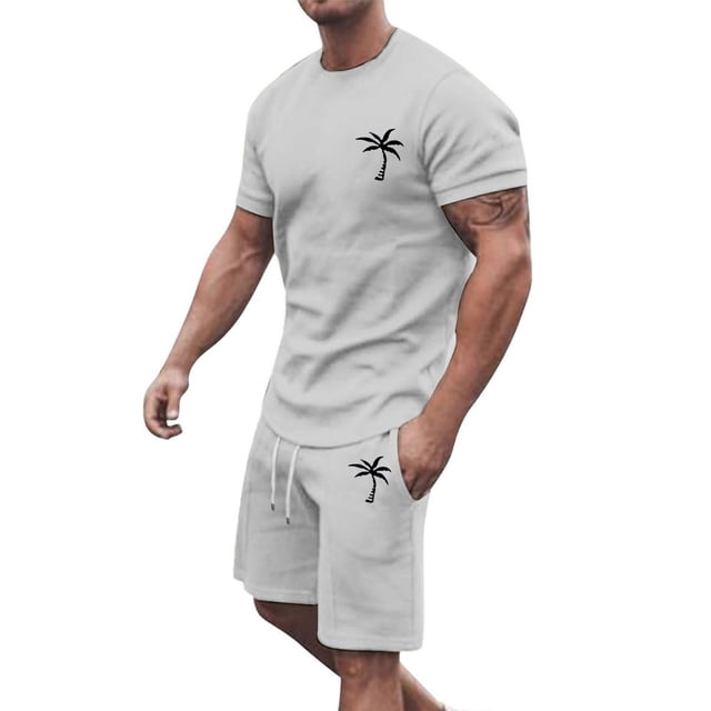 Conjunto de Sudadores de Hombres Impresión Casual Deportes de Manga Corta Cuello Redondo, Traje de Deporte de 2 Piezas con Pantalones de Corredores de Cintura Elástica
