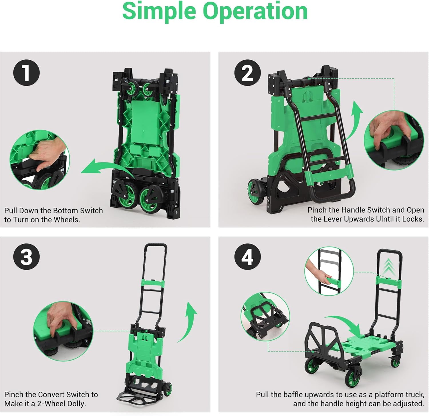 2-in-1 Folding Hand Truck Dolly with Collapsible Basket - 330Lb Capacity, 4-Wheel Design & Retractable Handle, Portable Cart for Moving, Shopping (Green)