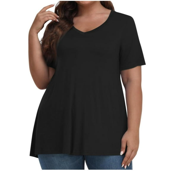 VERUGU Plus Size Tops for Women Summer Solid Short Sleeve Oversized Shirts Casual V-Neck Tunic Loose Comfy Plain Base Tees Blouses Black XXL