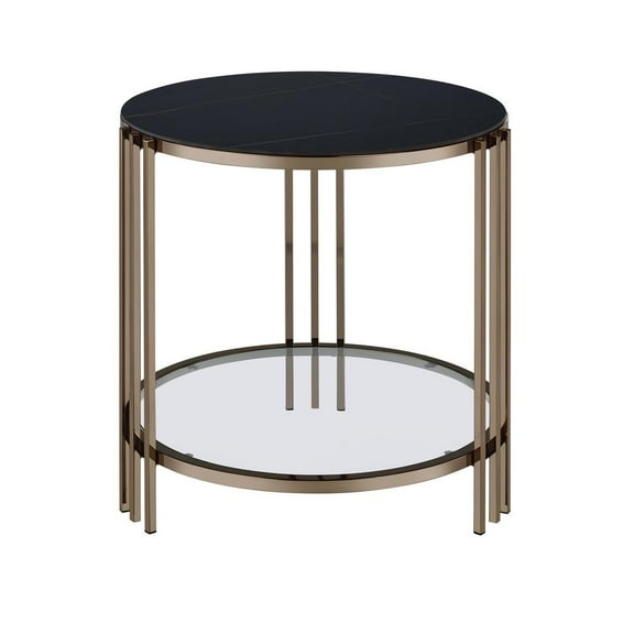 ACME Abisha Metal/Glass End Table with Stone Top in Black/Champagne Gold