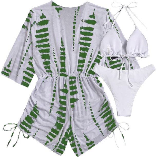 Traje de baño de 3 piezas para mujer, conjunto de bikini halter con mameluco de tres piezas Gráfico verde CH Gráfico verde CH Xishao ropa