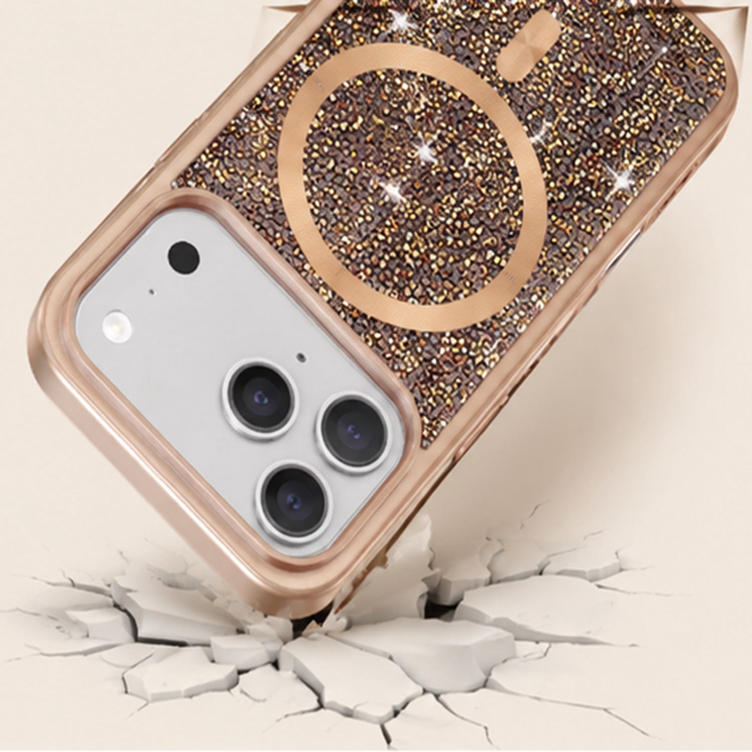Magnetic Dual-Layer Diamond Protection Case with Wallet Slot for iPhone 17 Pro Max - Gold