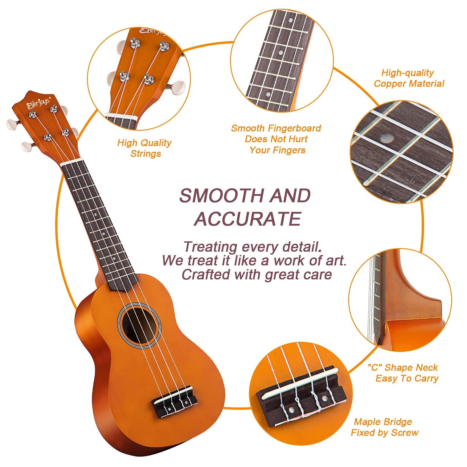 Everjoys 21 inch Soprano Ukulele Starter Kit w/Gig Bag,Rainbow String,Free Online Lesson,Tuner,Pick,Strap,Songbook